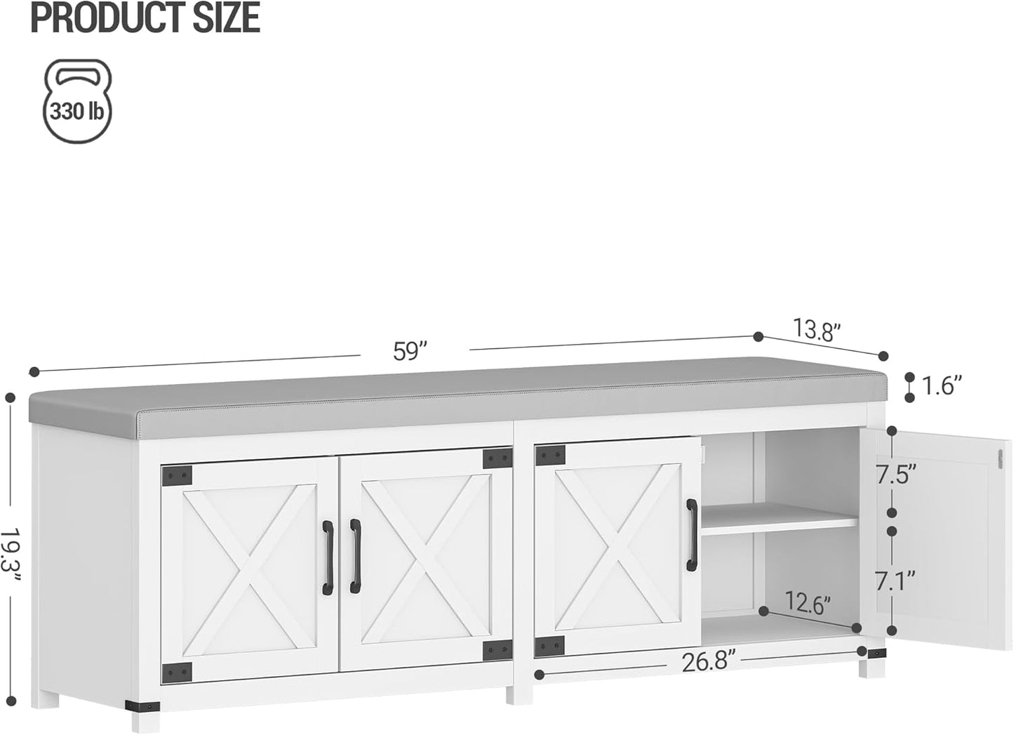 Farmhouse Shoe Storage Bench, 2 Tier Shoe Bench with Padded Seat Cushion & 4 Barn Doors, 59" Entryway Bench with Adjustable Shelf, Shoe Cabinet for Living Room, Bedroom, White SB31503GY