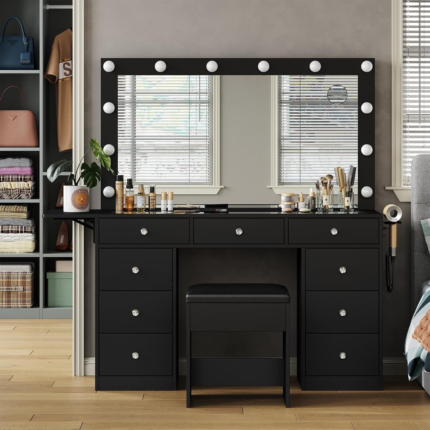 Vanity Desk with Power Outlet, 9 Drawers Makeup Vanity with Mirror and 12 LED Lights, 3 Lighting Modes, Glass Top Vanity Set, Fold-up Panel, Dressing Table for Bedroom