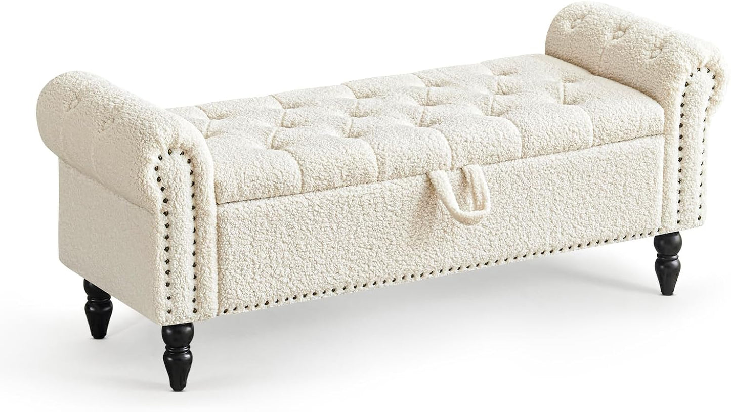 Furniliving Storage Ottoman Bench, Leather Benches End of Bed Bench with Solid Wood Legs Upholstered Ottoman Bench with Storage Indoor Bench for Living Room with Rolled Arm, Entryway, YellowBrown
