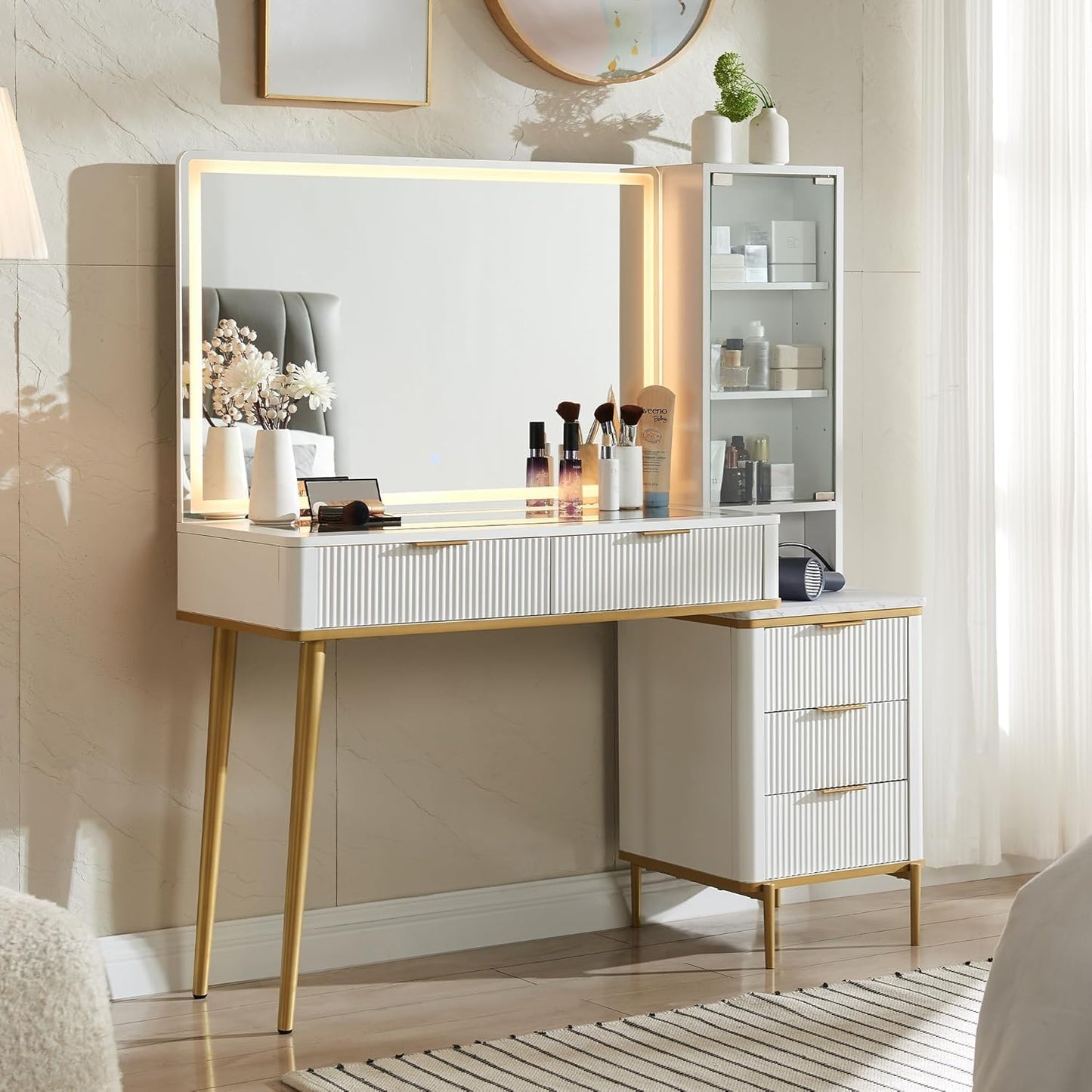 T4TREAM Fluted Makeup Vanity Desk with 36" HD Lighted Mirror, 48" Big Modern Vanity Desk with Mirror and Lights, Dressing Table with 5 Drawers & Shelves, Glass Top for Bedroom (Natural Oak)