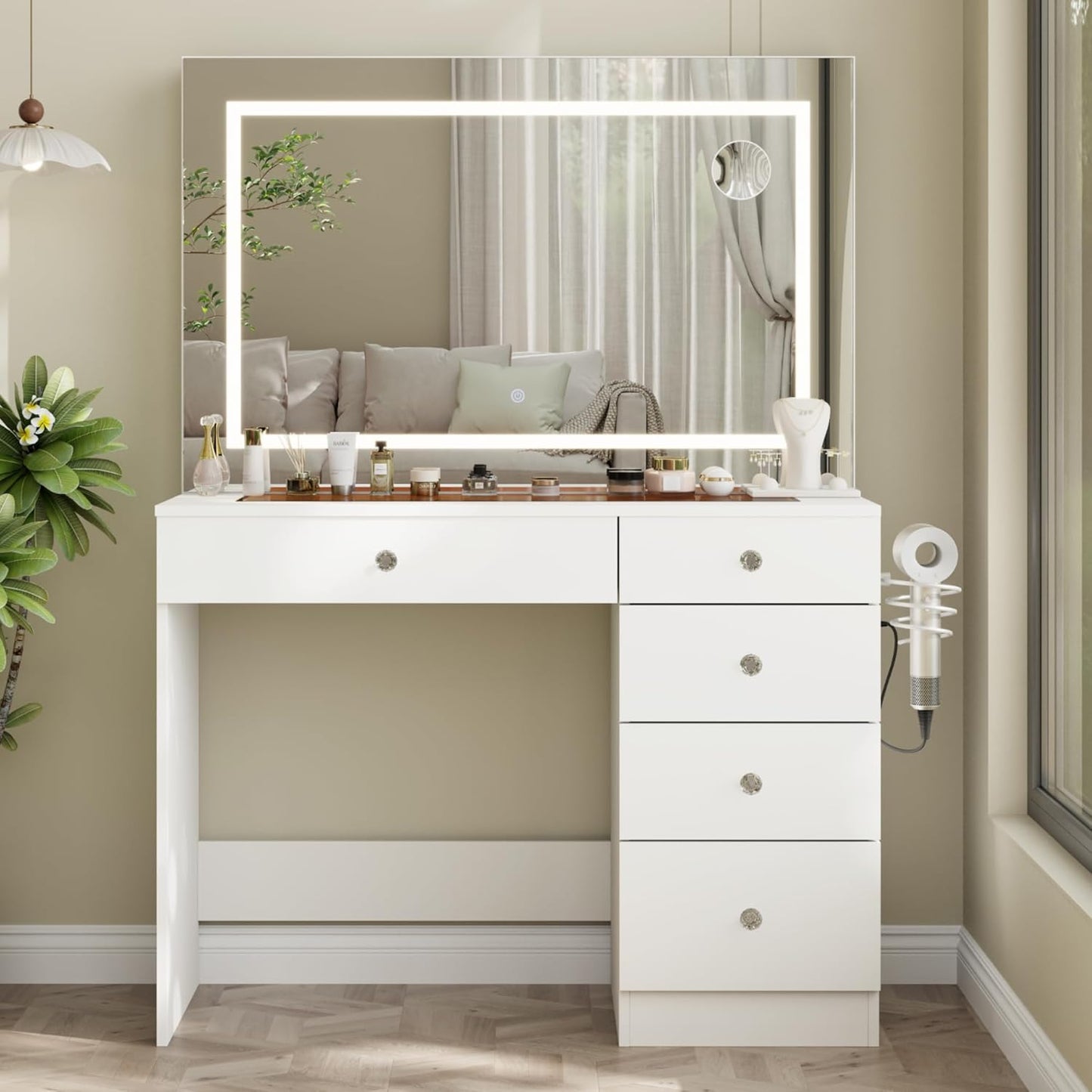 Vanity Desk with Mirror and Lights, 11 Drawers Makeup Vanity Desk with Tempered Glass top, 3 Lighting Modes Adjustable Brightness, White Vanity with Magnetic 5X Magnifier for Bedroom