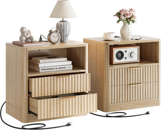 IRONCK Fluted Night Stand Set of 2, Modern Nightstand with Charging Station, Drawers and Open Shelves - Bedside Table Wood Side Table Set for Bedroom