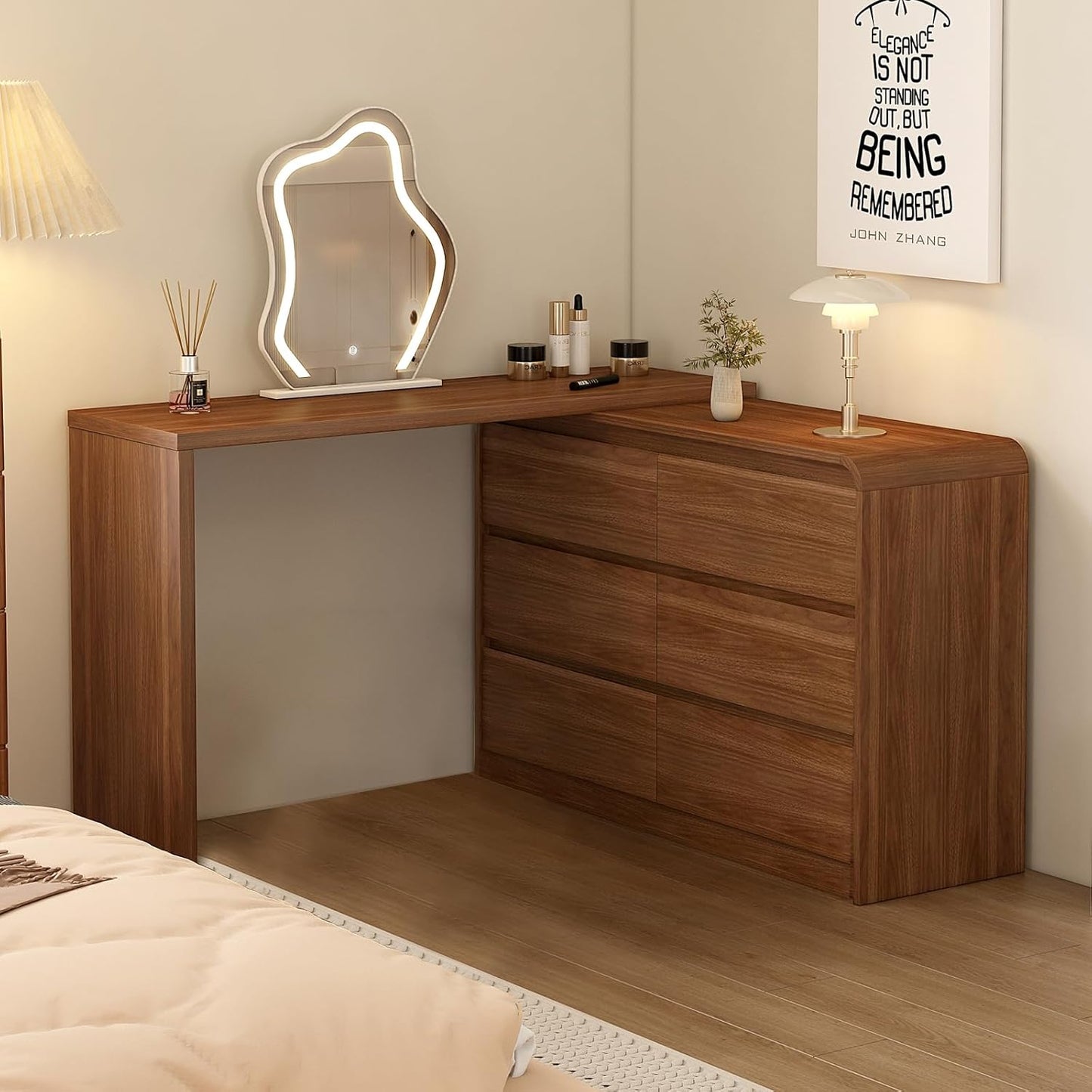 Makeup Vanity Desk with Touch Screen Mirror, Bedroom Elegant Dressing Table for Women with 6-Drawer Rounded Corners Storage Cabinet, 50-94 in Adjustable Sturdy Vanity Table Set with Chair, Brown