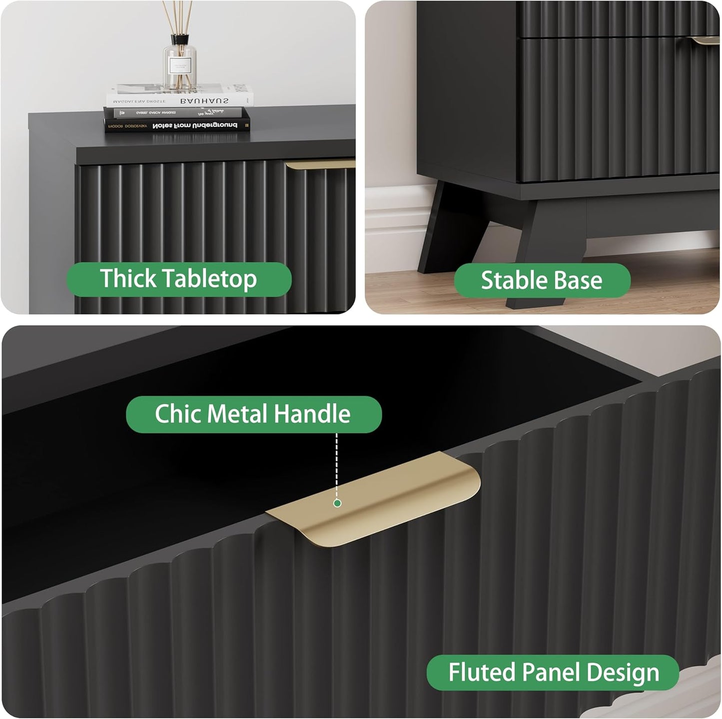 Fluted Nightstand, 24" Wide Side Table with 3 Large Storage Drawers, Mid Century Modern Wood Night Stand with Metal Handle, Wooden Bedside End Table for Bedroom, Living Room, Closet, Black