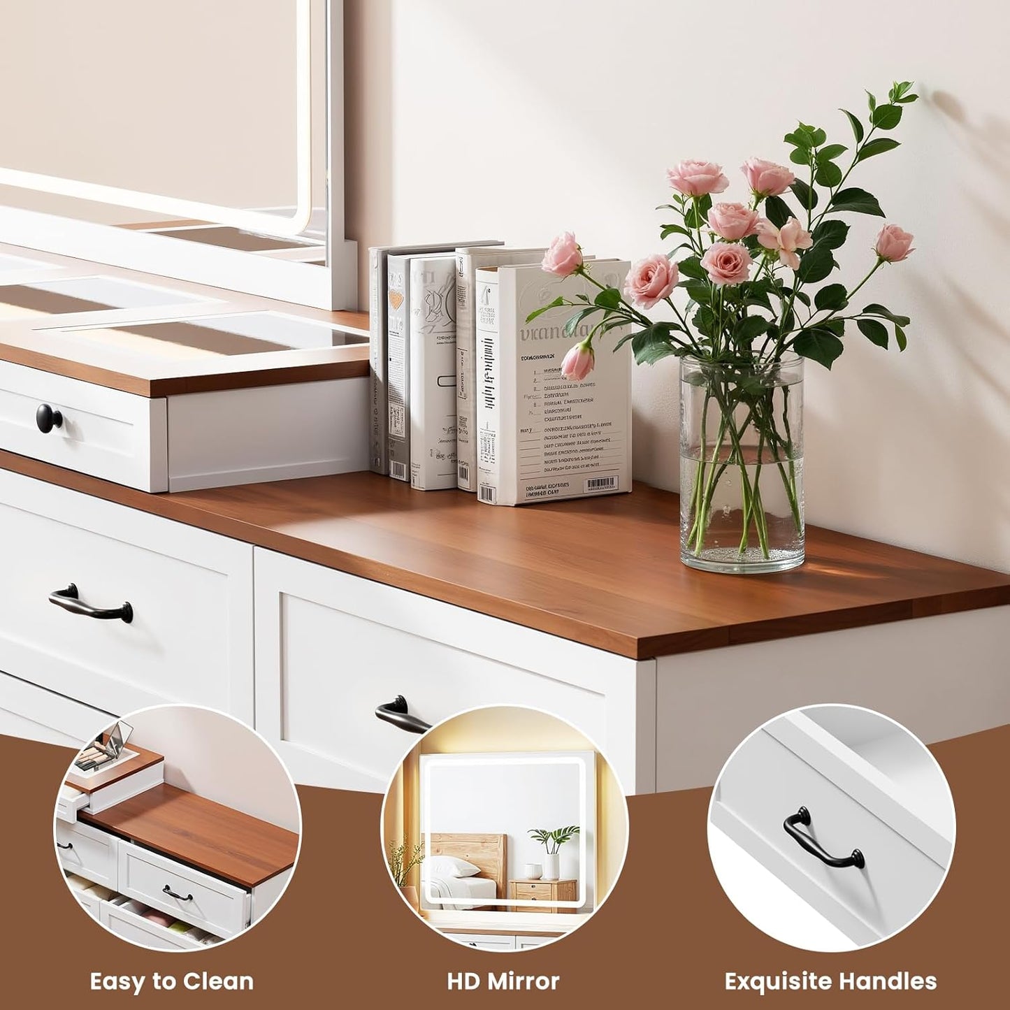Vanity Desk with Mirror and Lights, Vanity Dresser Combo, Farmhouse Makeup Vanity with 9 Drawers, Glass Top Corner Vanity Dressing Table, Extendable Big Dressing Table Set for Bedroom, White