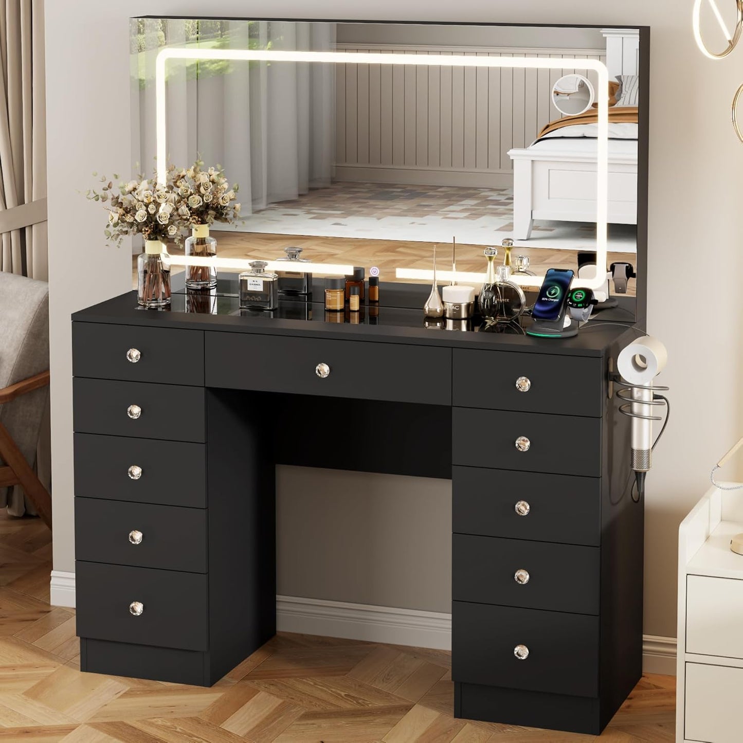 Vanity Desk with Mirror and Lights, 11 Drawers Makeup Vanity Desk with Tempered Glass top, 3 Lighting Modes Adjustable Brightness, White Vanity with Magnetic 5X Magnifier for Bedroom