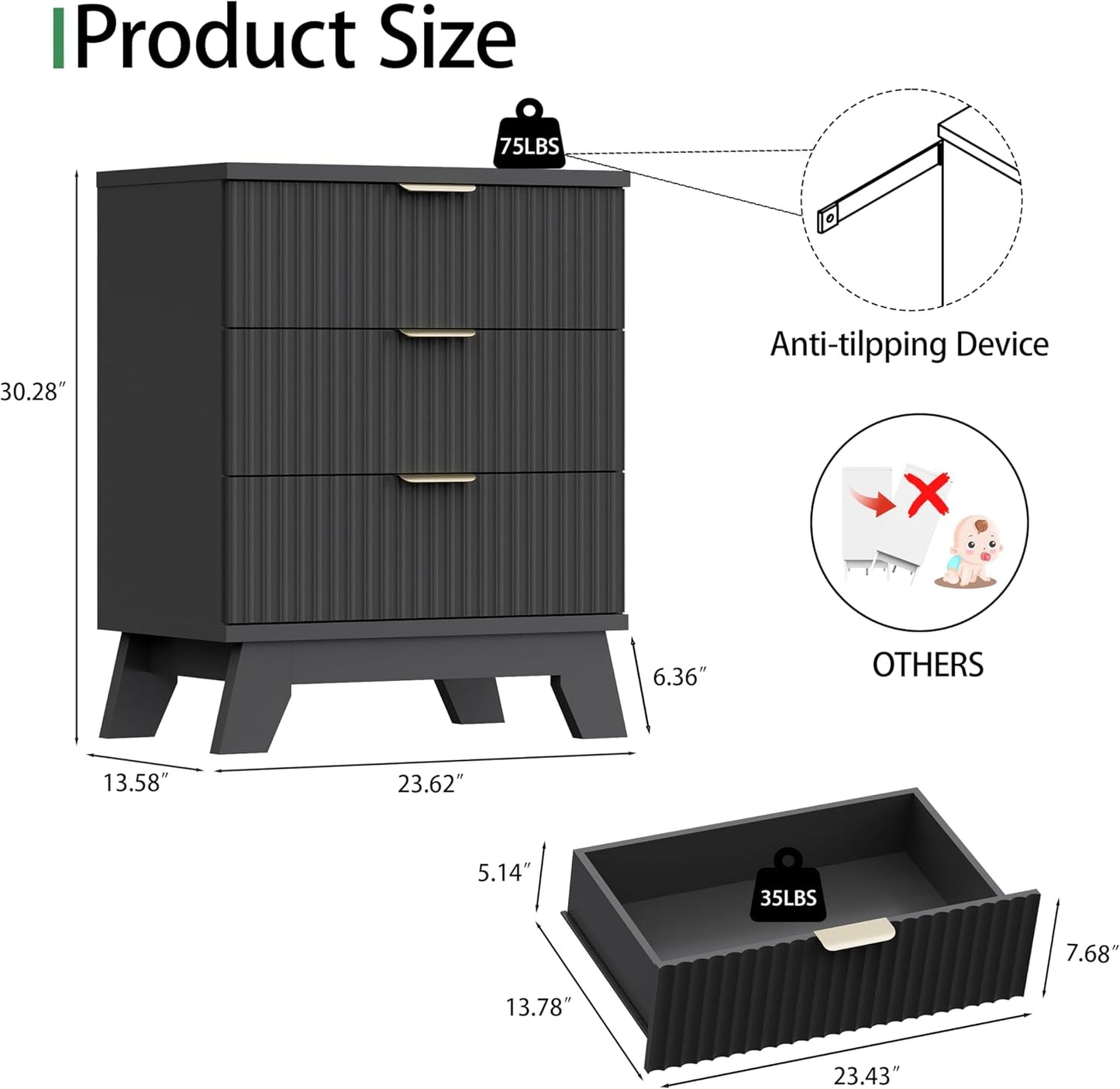 Fluted Nightstand, 24" Wide Side Table with 3 Large Storage Drawers, Mid Century Modern Wood Night Stand with Metal Handle, Wooden Bedside End Table for Bedroom, Living Room, Closet, Black