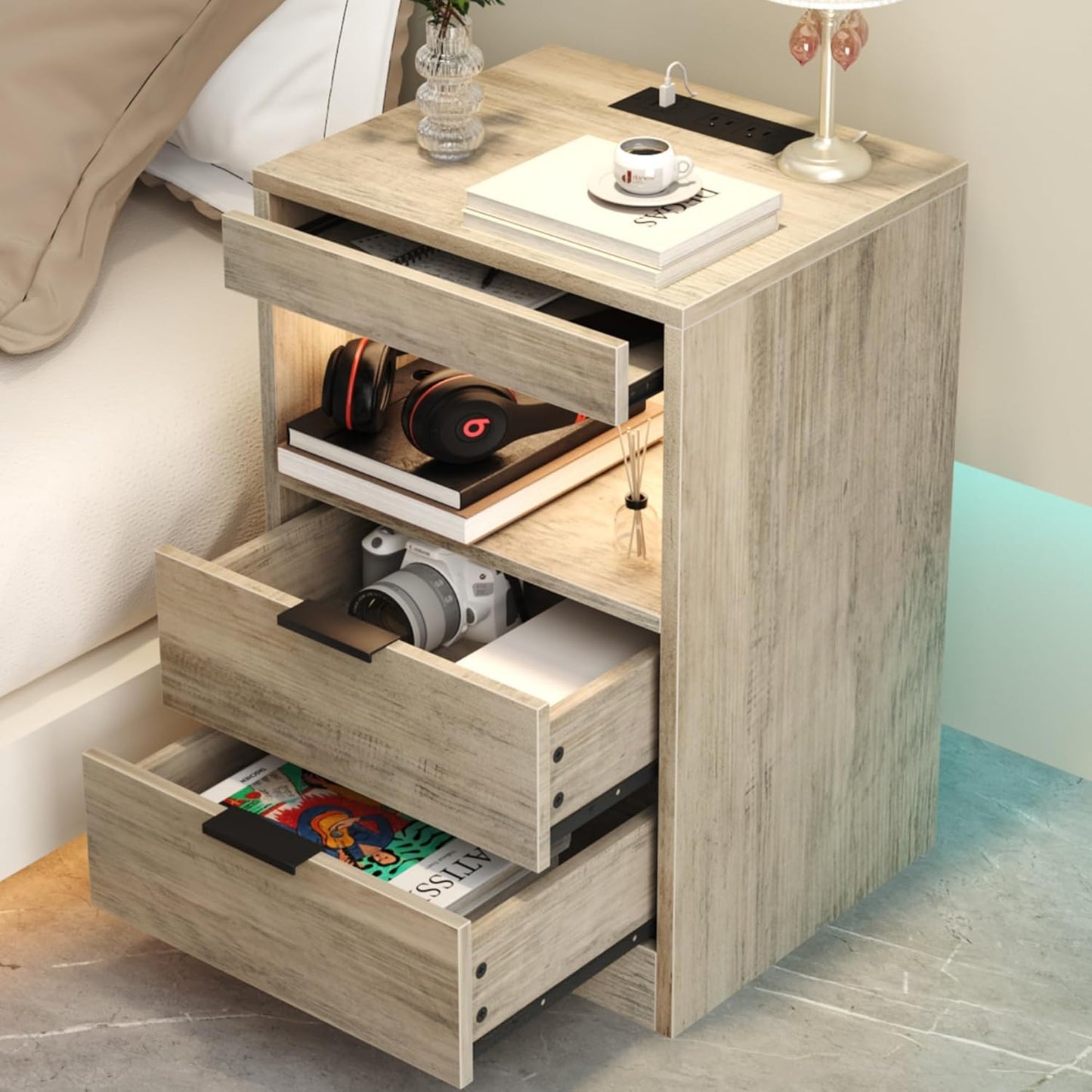Gadroad LED Nightstand with Charging Station, Bedside Table with 3 Drawers and LED Lights, End Table Sofa Couch Side Table with Pull-Out Shelf, White