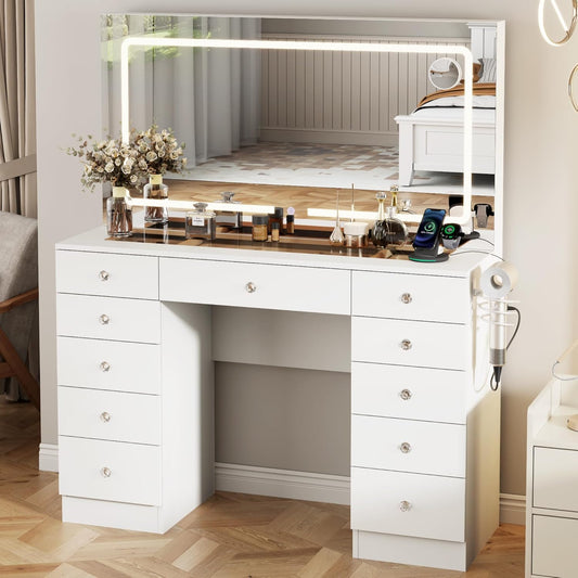 Vanity Desk with Mirror and Lights, 11 Drawers Makeup Vanity Desk with Tempered Glass top, 3 Lighting Modes Adjustable Brightness, White Vanity with Magnetic 5X Magnifier for Bedroom