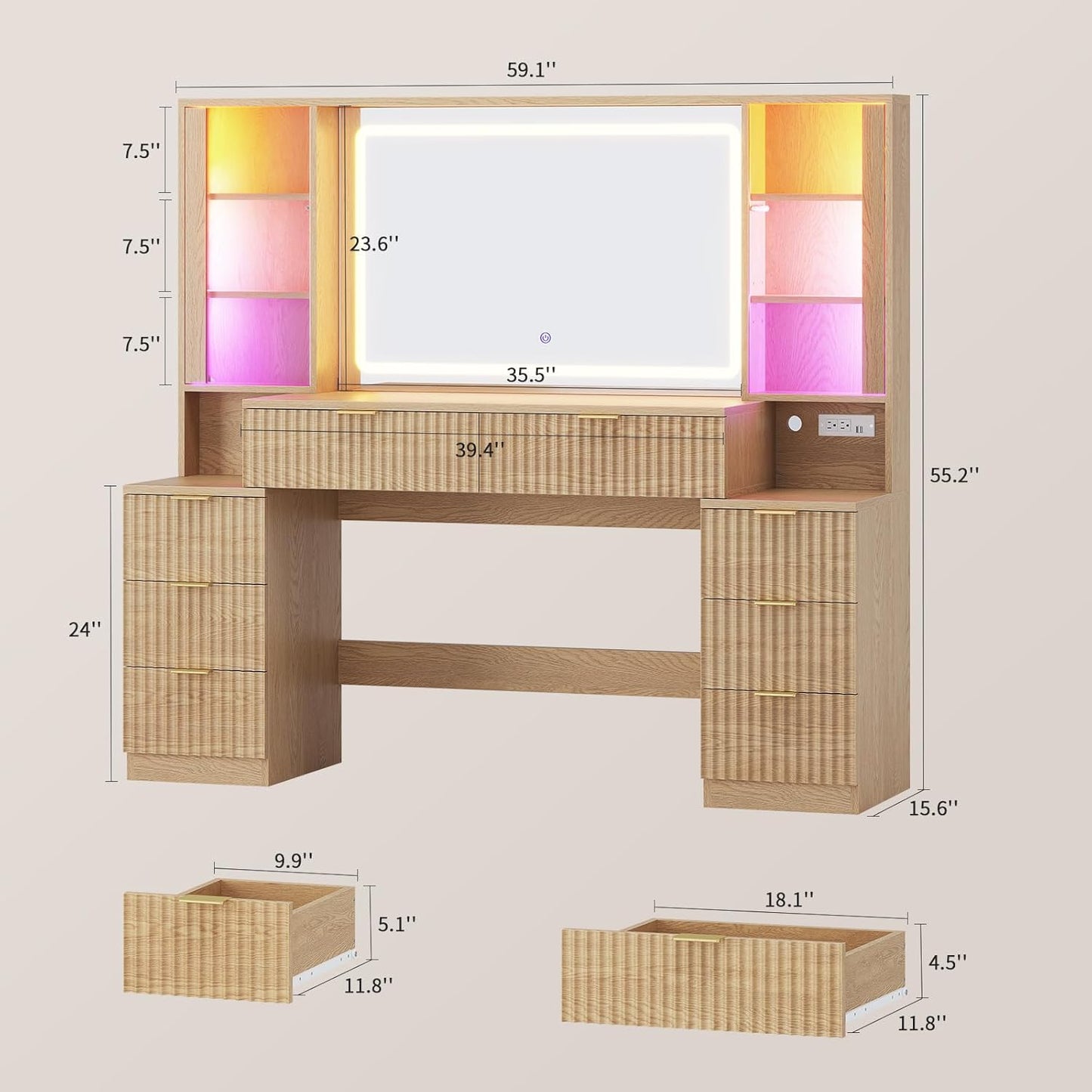 Big Vanity, 59.1" Fluted Wood Makeup Vanity Desk with Mirror and Sound Sync LED Lights, Large Vanity Dressing Table, 8 Drawers, 2 Glass Cabinets, with Charging Station for Girls, Women, Oak