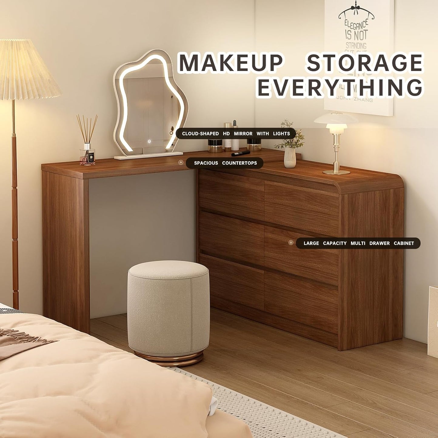 Makeup Vanity Desk with Touch Screen Mirror, Bedroom Elegant Dressing Table for Women with 6-Drawer Rounded Corners Storage Cabinet, 50-94 in Adjustable Sturdy Vanity Table Set with Chair, Brown