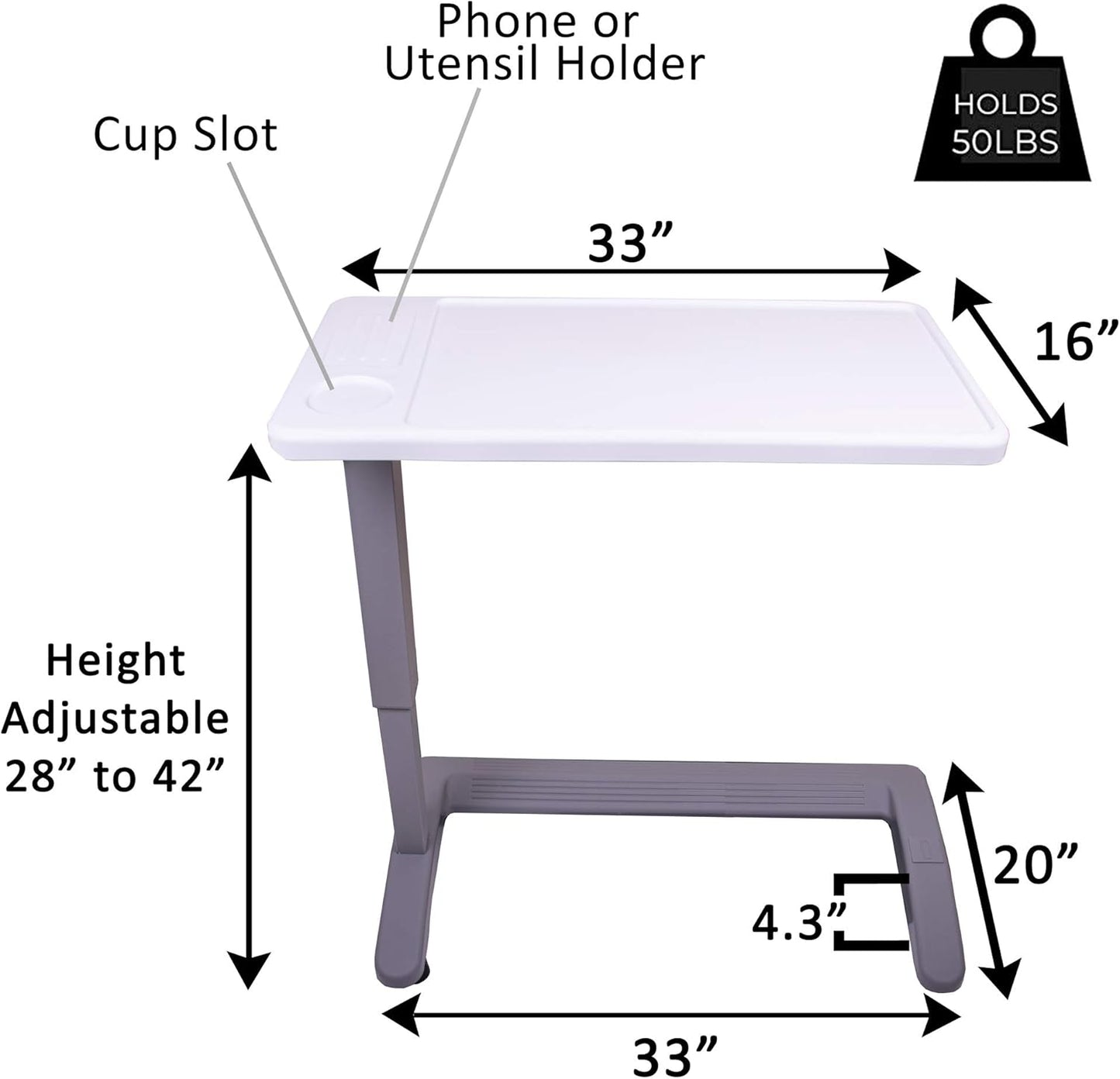 Carex Rolling Overbed Table, Hospital Bed Table, Laptop Tables for Recliner, Bed, Bedside and Sofa, Computer Tables, Hospital Tray, Adjustable with Wheels and Secure Height Adjustment