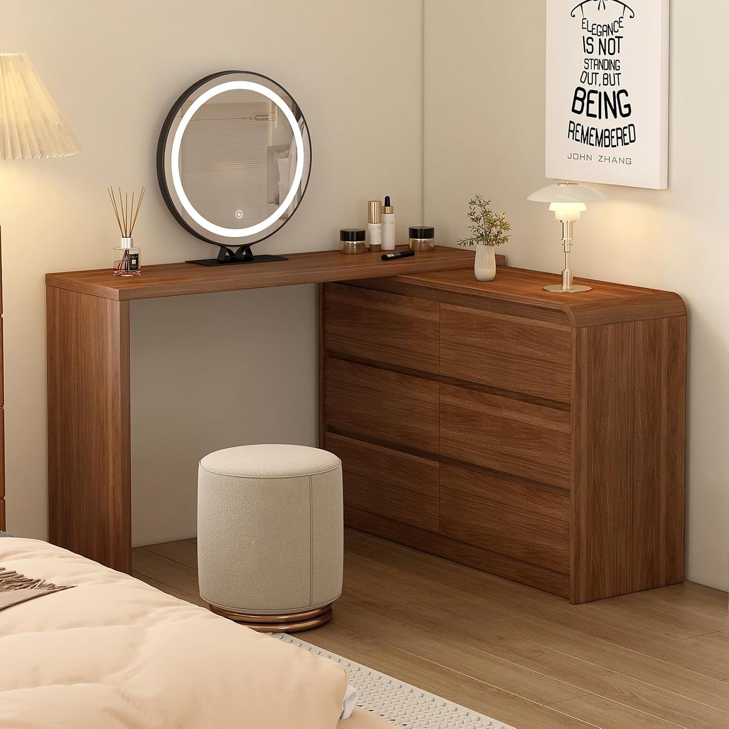 Makeup Vanity Desk with Touch Screen Mirror, Bedroom Elegant Dressing Table for Women with 6-Drawer Rounded Corners Storage Cabinet, 50-94 in Adjustable Sturdy Vanity Table Set with Chair, Brown