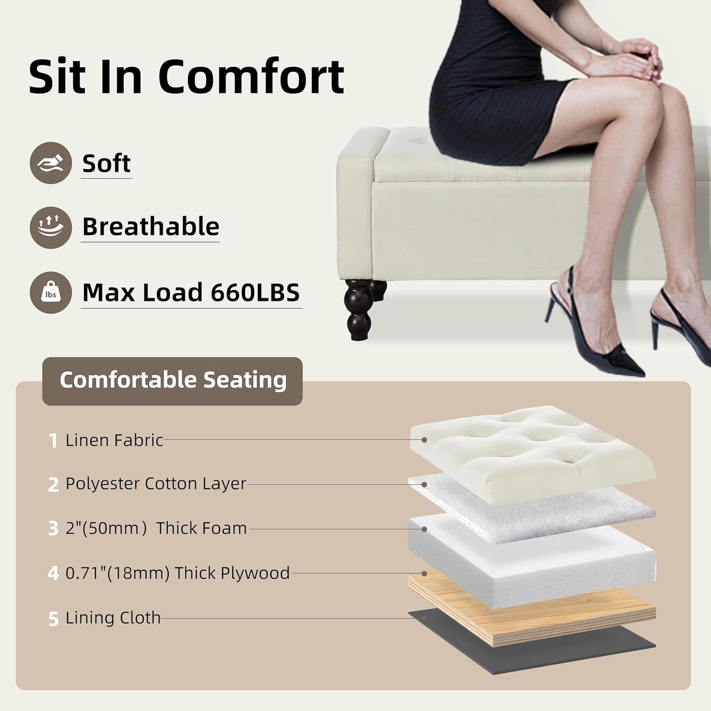 50" W Storage Ottoman Bench with Safety Hinge, Load up to 660 lb Ottoman with Storage, Upholstered Tufted Entryway Bench with Seating for Living Room, Bedroom, Entryway, Beige