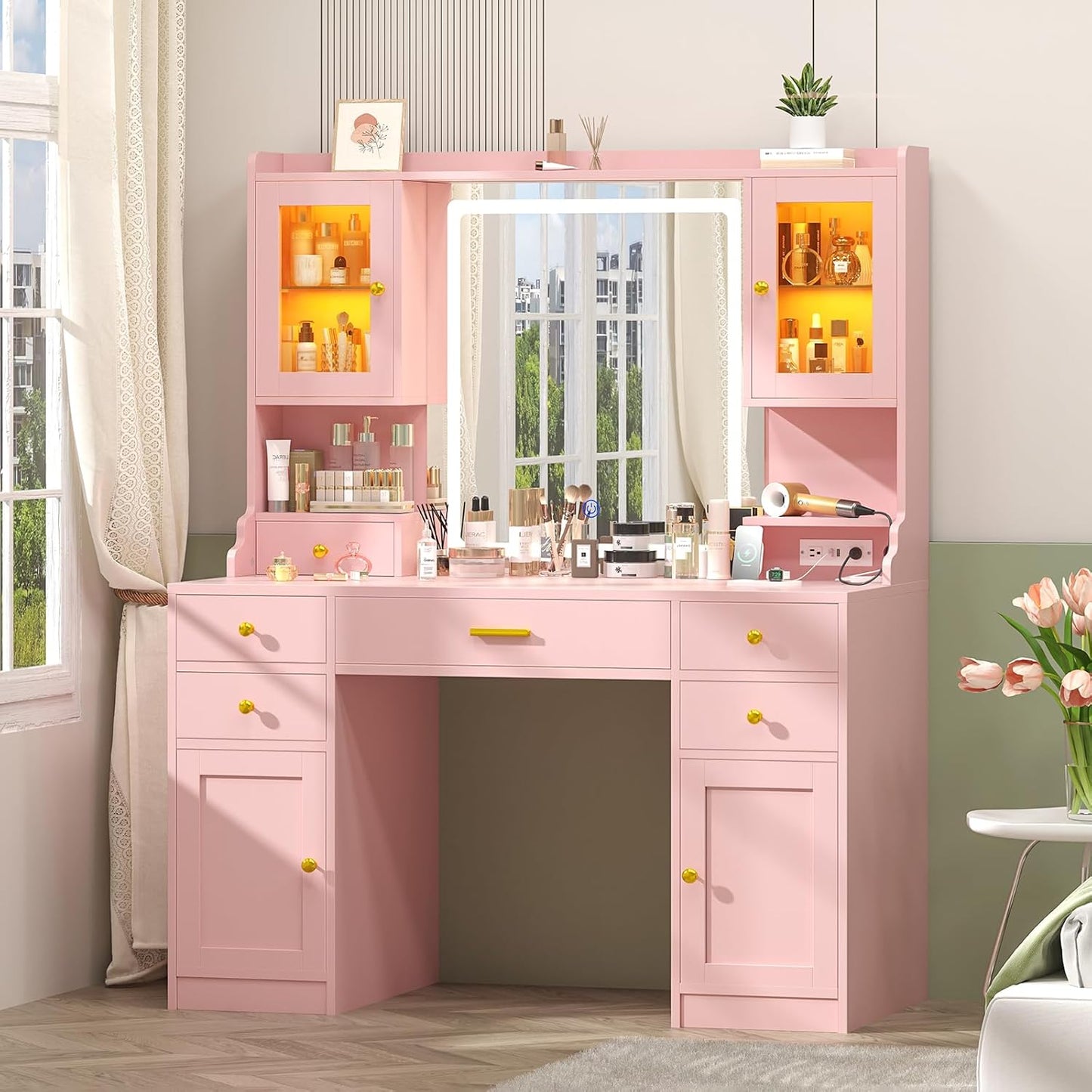 Vanity Desk with Mirror and Lights, White Makeup Vanity Table with Charging Station，Large Vanity Desk with 6 Drawers & 2 RGB Cabinet, Dressing Table Set with Lighted Mirror Adjustable, for Bedroom