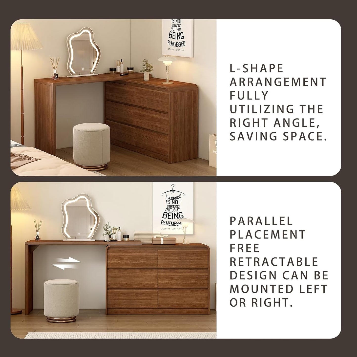 Makeup Vanity Desk with Touch Screen Mirror, Bedroom Elegant Dressing Table for Women with 6-Drawer Rounded Corners Storage Cabinet, 50-94 in Adjustable Sturdy Vanity Table Set with Chair, Brown