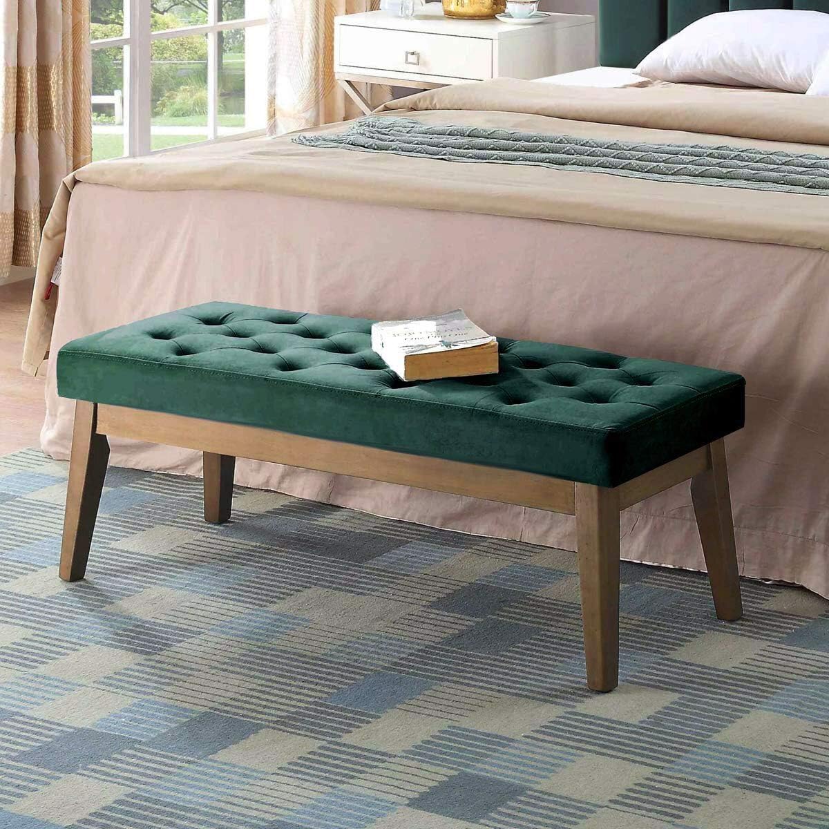 24KF Velvet Upholstered Buttons Tufted Entryway Bench with Solid Wood Leg,Bed Bench Ottoman with Padded Seat,5034-Taupe