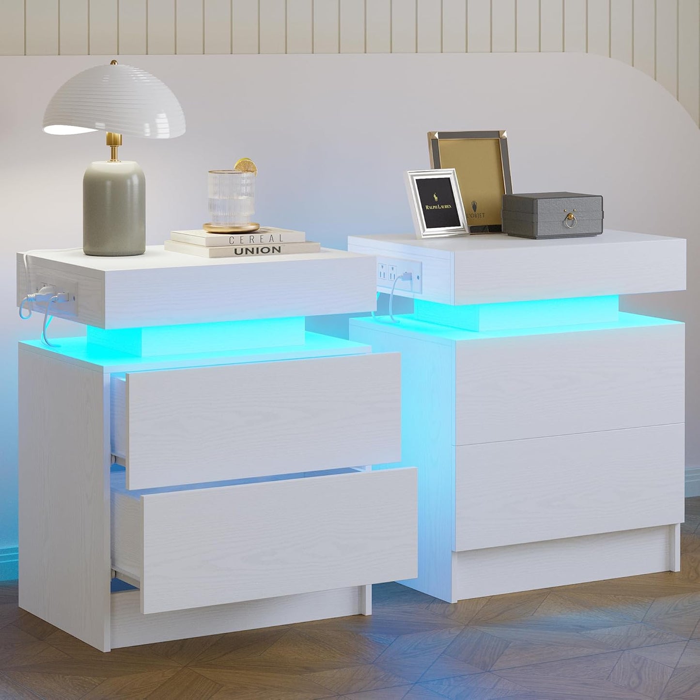 LIKIMIO Night Stand Set of 2, Modern Black Nightstand with with Charging Station, Bedside Tables with LED Light and Drawers, End Table for Bedroom, Livingroom