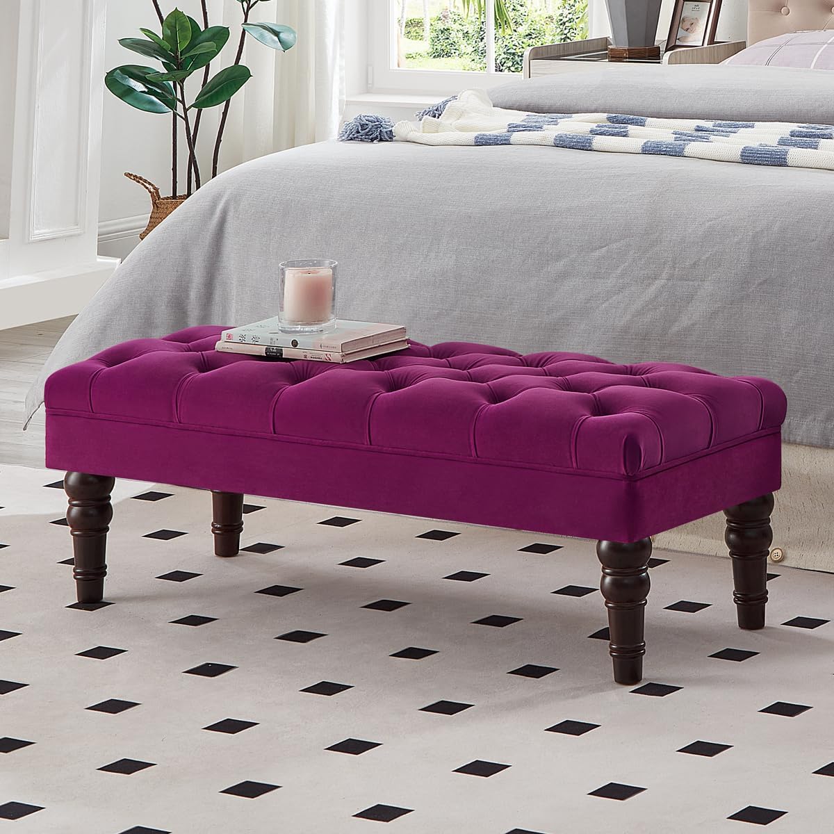 24KF Velvet Upholstered Buttons Tufted Entryway Bench with Solid Wood Leg,Bed Bench Ottoman with Padded Seat,5034-Taupe