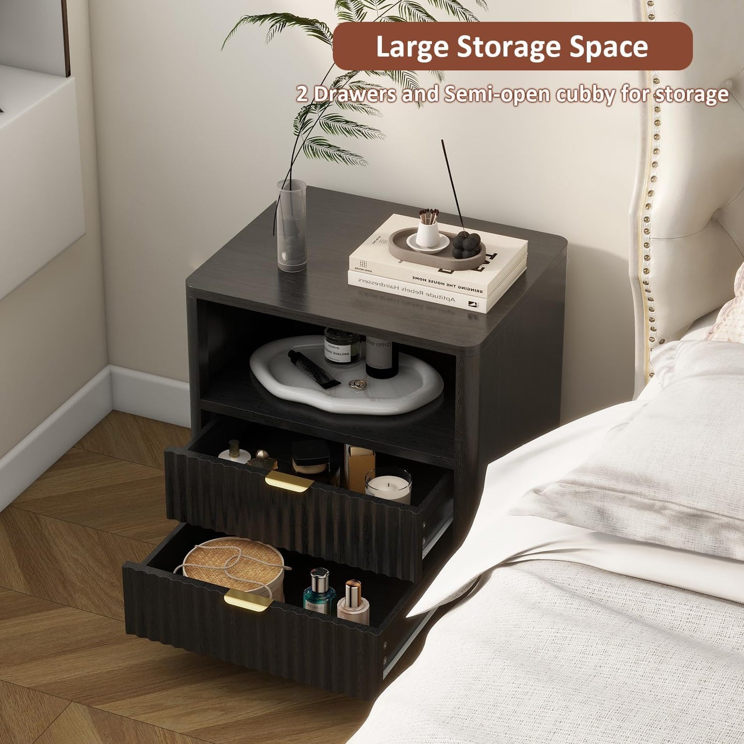 Fluted Nightstands Set of 2, Black Night Stands with 2 Drawers and Open Shelves, Wooden Bedside Table Modern Design End Table for Bedroom Sofa Office (2, Black)
