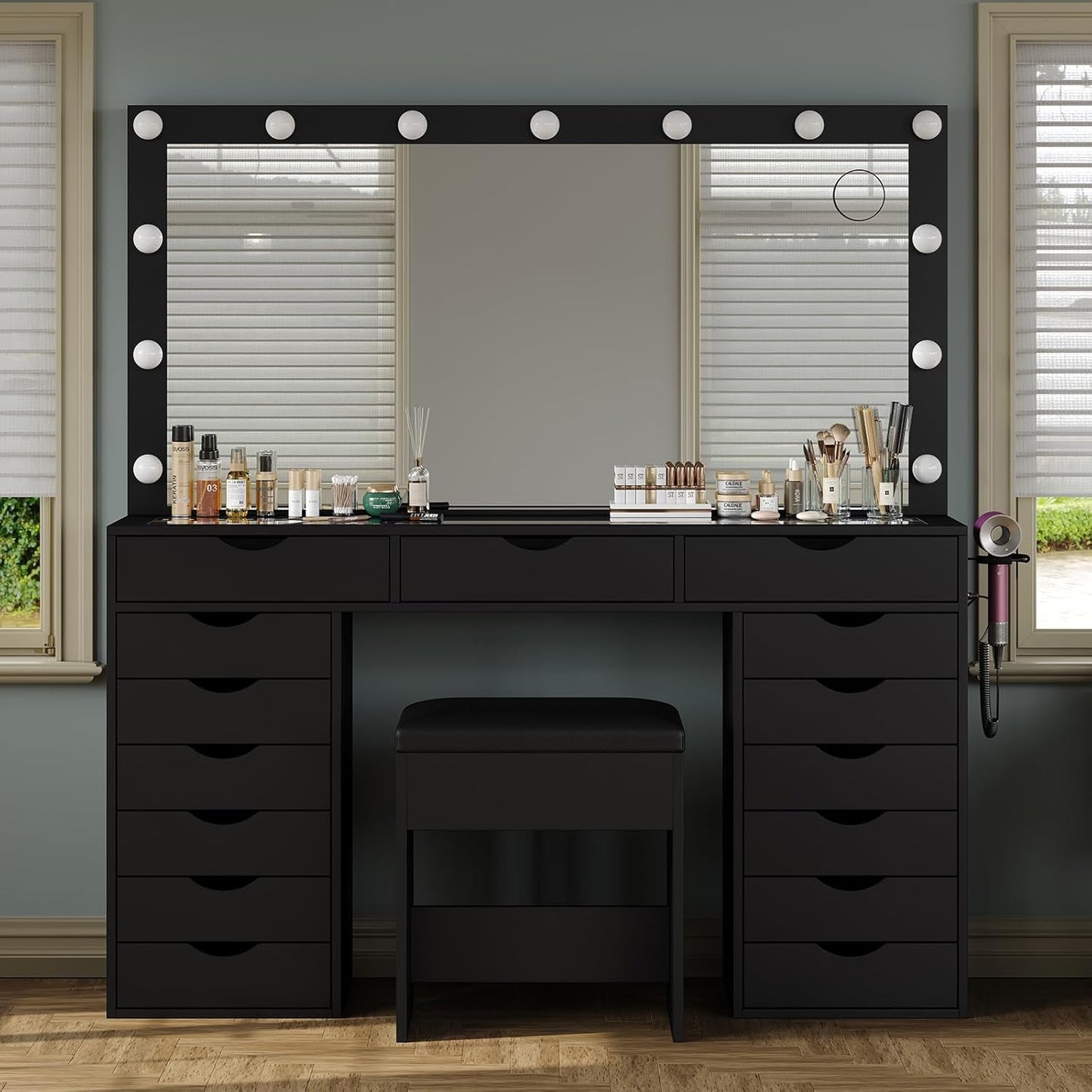 Vanity Desk with Mirror and Lights, Makeup Table with Charging Station, 3 Color Lighting Modes, 15 Drawers Dressing Table, Vanity with Chair for Bedroom, White