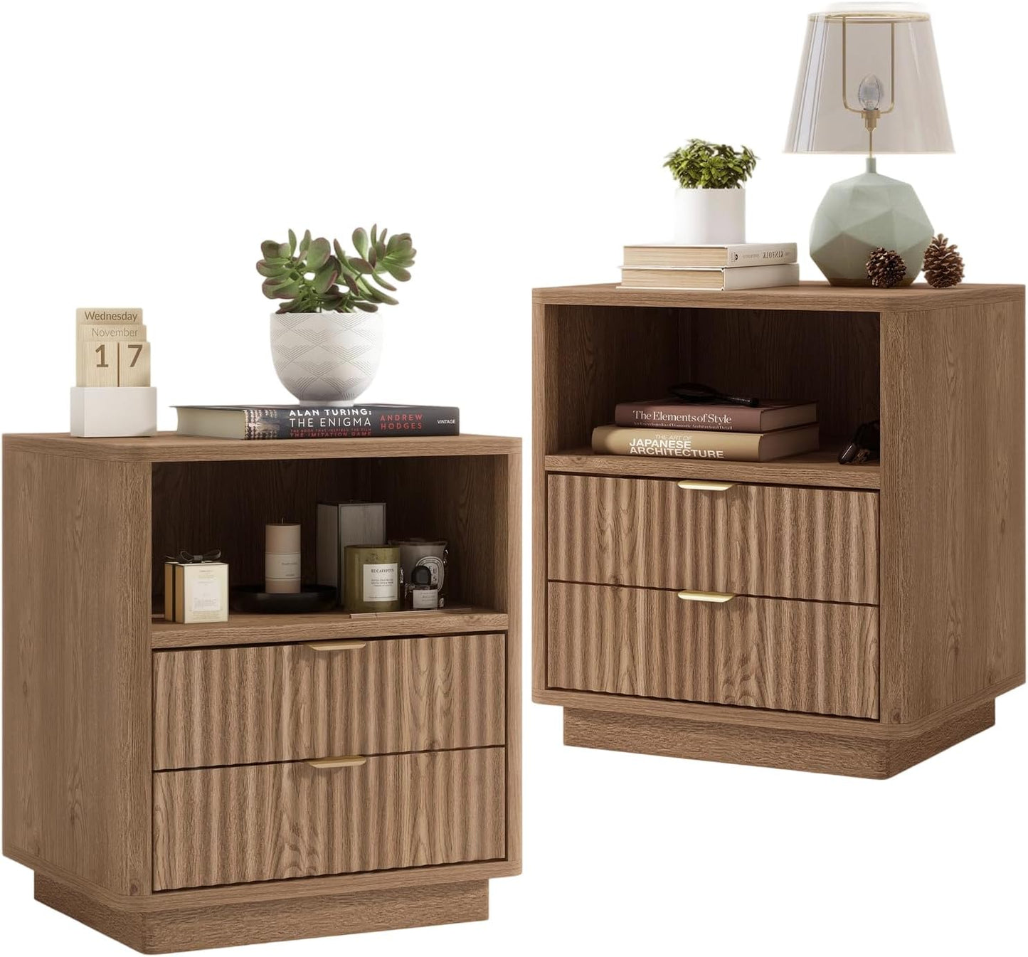 Fluted Nightstands Set of 2, Black Night Stands with 2 Drawers and Open Shelves, Wooden Bedside Table Modern Design End Table for Bedroom Sofa Office (2, Black)