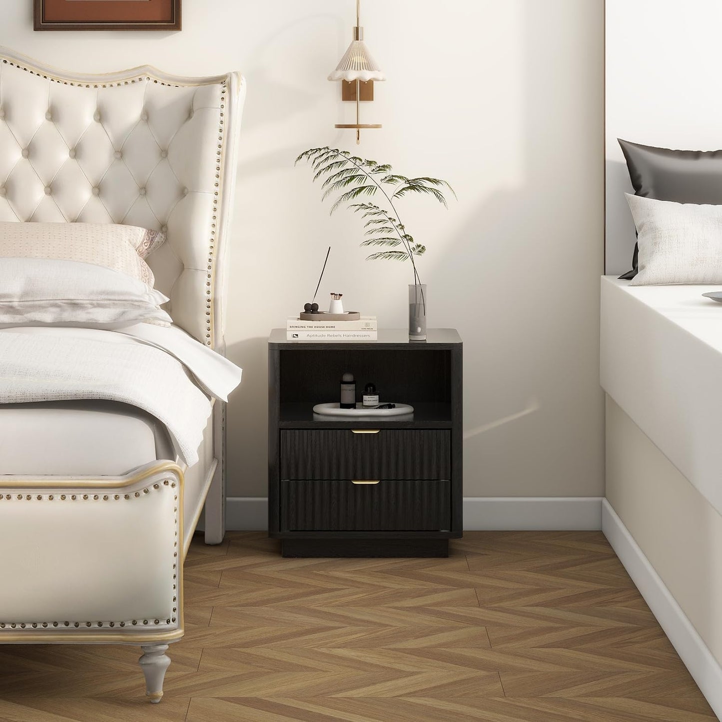 Fluted Nightstands Set of 2, Black Night Stands with 2 Drawers and Open Shelves, Wooden Bedside Table Modern Design End Table for Bedroom Sofa Office (2, Black)