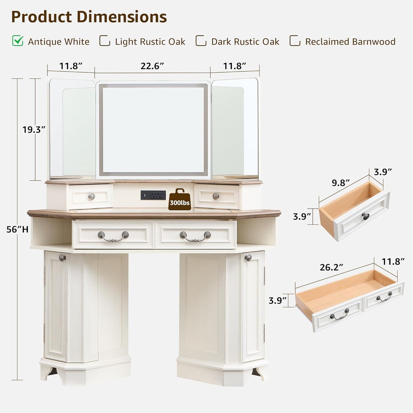T4TREAM Makeup Vanity Desk 48" with 3 Way Mirror and Lights, Large Farmhouse Corner Vanity Dressing Table with Glass Top & Charging Station, 3 Drawers & 2 Storage Cabinets for Bedroom, Antique White