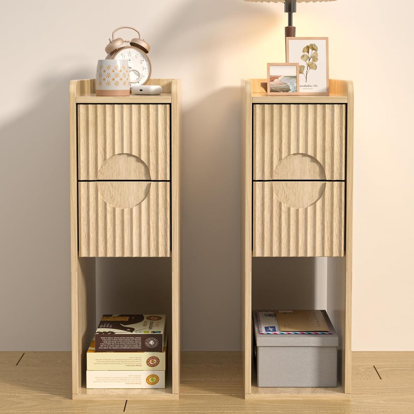 Narrow Fluted Nightstand Set of 2, Wooden Small 2 Drawer Nightstand, Slim Side End Table, Vintage Bedside Table, Mid Century Modern Night Stand with Drawers, for Living Room, Bedroom, Walnut