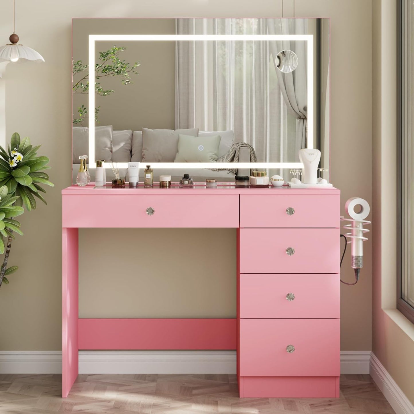 Vanity Desk with Mirror and Lights, 11 Drawers Makeup Vanity Desk with Tempered Glass top, 3 Lighting Modes Adjustable Brightness, White Vanity with Magnetic 5X Magnifier for Bedroom
