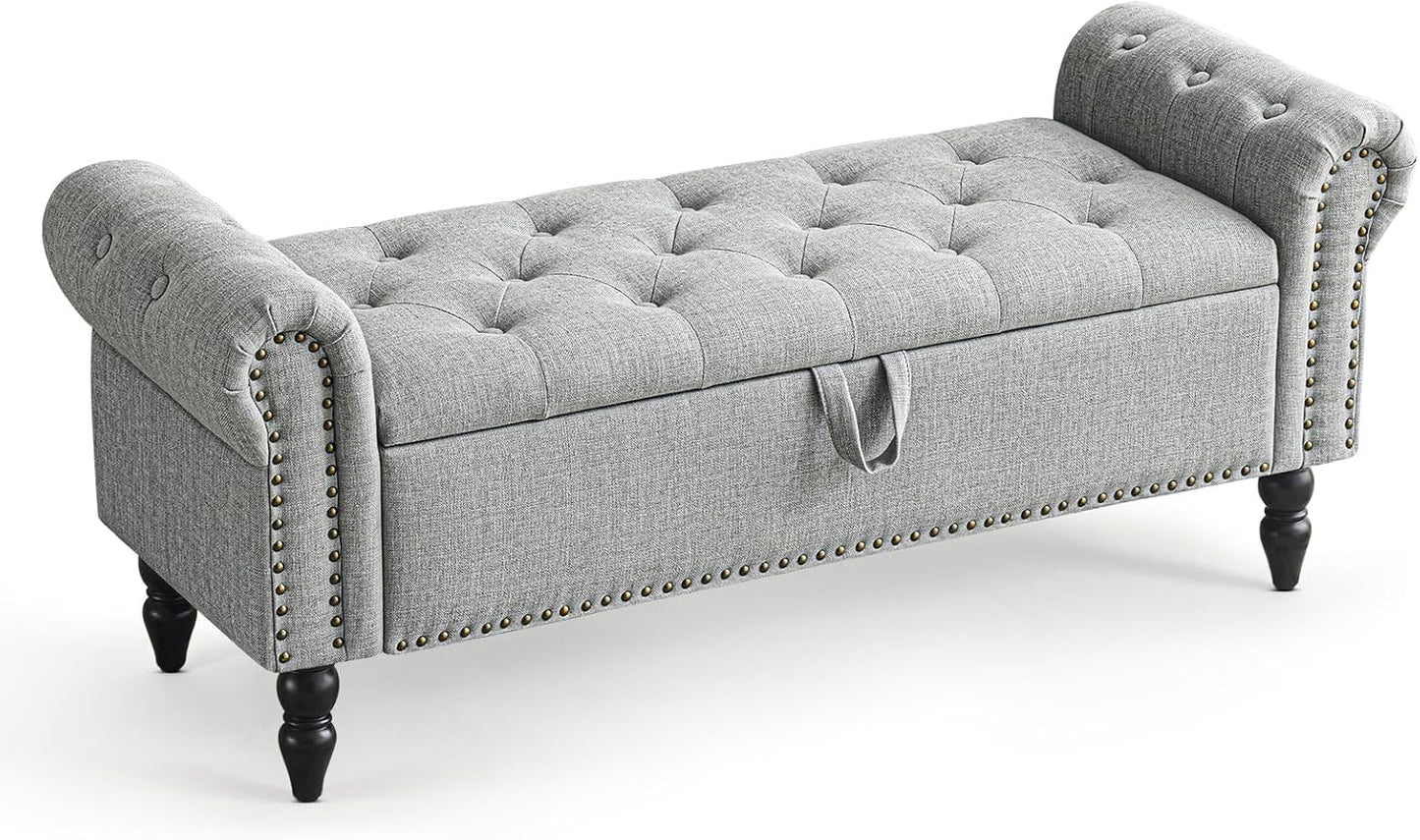 Furniliving Storage Ottoman Bench, Leather Benches End of Bed Bench with Solid Wood Legs Upholstered Ottoman Bench with Storage Indoor Bench for Living Room with Rolled Arm, Entryway, YellowBrown