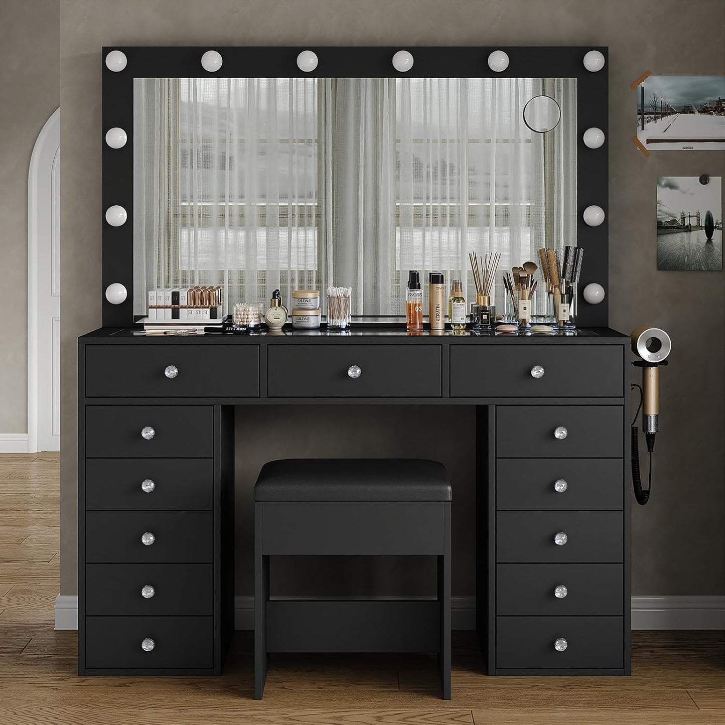 13 Drawers Vanity Desk, 47''W Makeup Vanity with Power Outlet, Vanity Table with Mirror and 12 LED Bulbs, 3 Color Lighting Modes, Glass Top, Dressing Table for Bedroom (White)