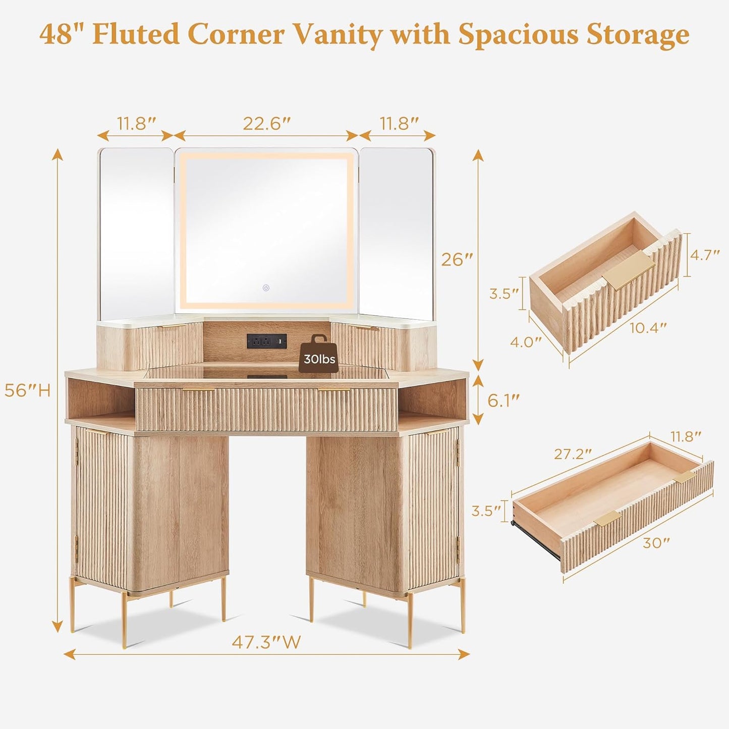 T4TREAM 48'' Fluted Makeup Vanity Desk with HD Triple Mirror and Lights, Large Lighted Corner Vanity with Glass Top, Modern Dressing Table with 3 Drawers & 2 Cabinets for Bedroom, Natural Oak
