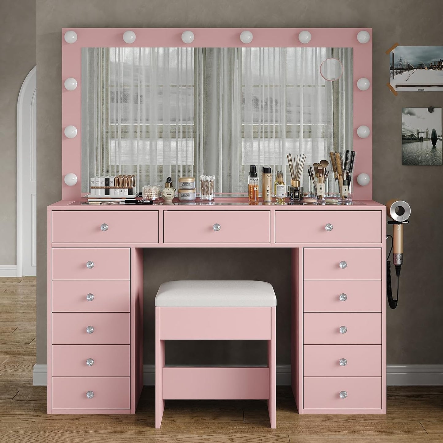 13 Drawers Vanity Desk, 47''W Makeup Vanity with Power Outlet, Vanity Table with Mirror and 12 LED Bulbs, 3 Color Lighting Modes, Glass Top, Dressing Table for Bedroom (White)