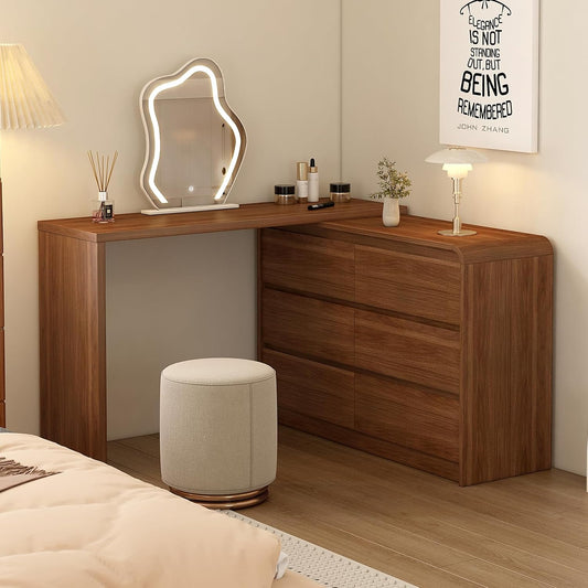 Makeup Vanity Desk with Touch Screen Mirror, Bedroom Elegant Dressing Table for Women with 6-Drawer Rounded Corners Storage Cabinet, 50-94 in Adjustable Sturdy Vanity Table Set with Chair, Brown