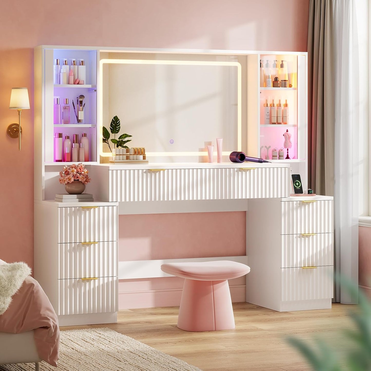 Big Vanity, 59.1" Fluted Wood Makeup Vanity Desk with Mirror and Sound Sync LED Lights, Large Vanity Dressing Table, 8 Drawers, 2 Glass Cabinets, with Charging Station for Girls, Women, Oak