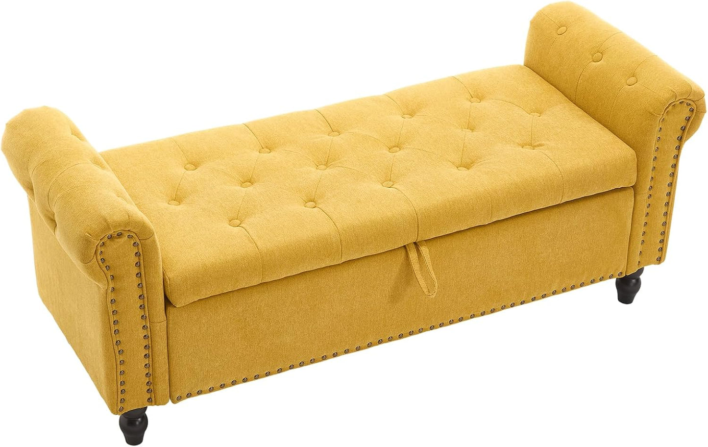 Furniliving Storage Ottoman Bench, Leather Benches End of Bed Bench with Solid Wood Legs Upholstered Ottoman Bench with Storage Indoor Bench for Living Room with Rolled Arm, Entryway, YellowBrown