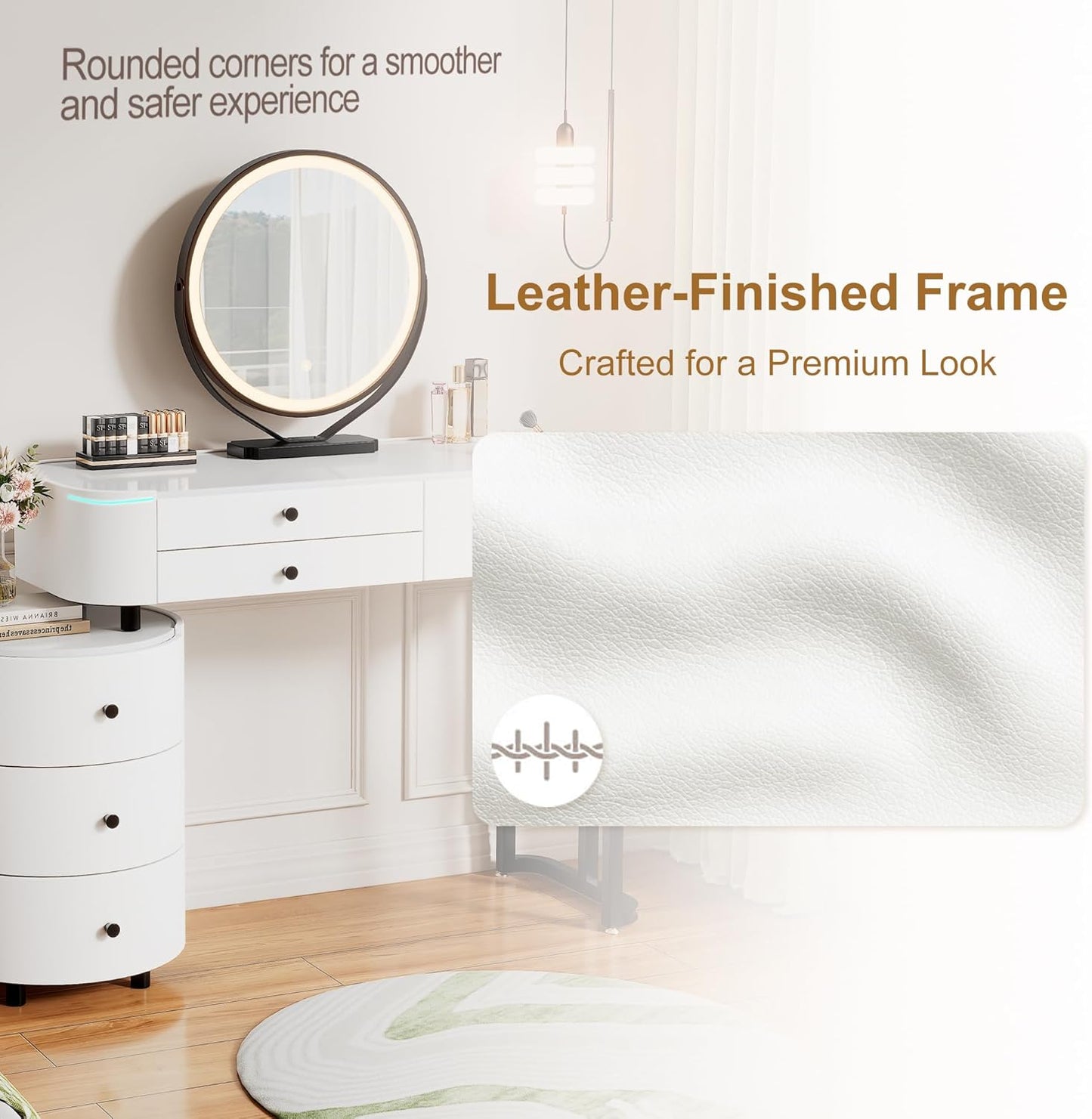 Furnistar Vanity Desk with Mirror and Lights | Small Makeup Vanity with 6 Drawers | Dressing Table Adjustable | Modern Makeup Table for Bedroom (White)