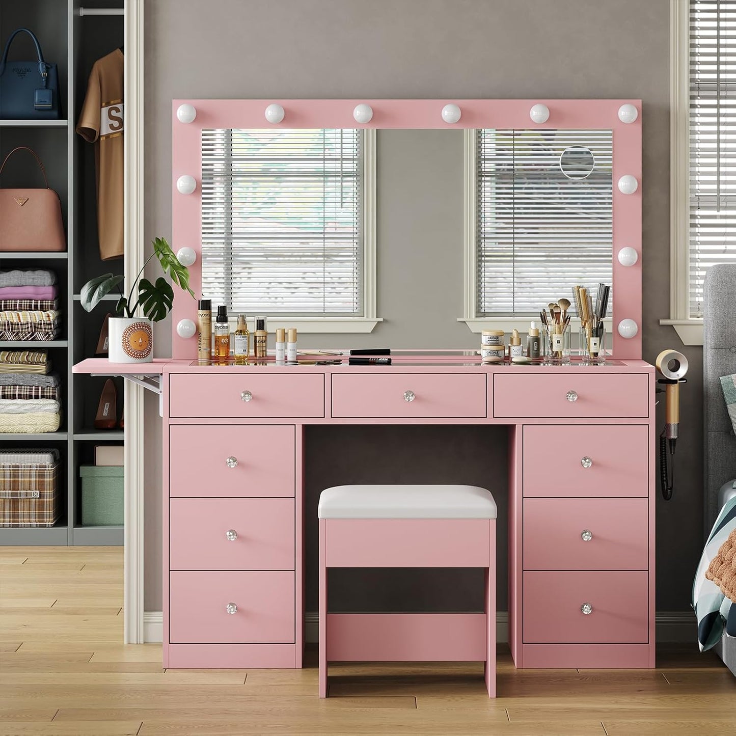 Vanity Desk with Power Outlet, 9 Drawers Makeup Vanity with Mirror and 12 LED Lights, 3 Lighting Modes, Glass Top Vanity Set, Fold-up Panel, Dressing Table for Bedroom