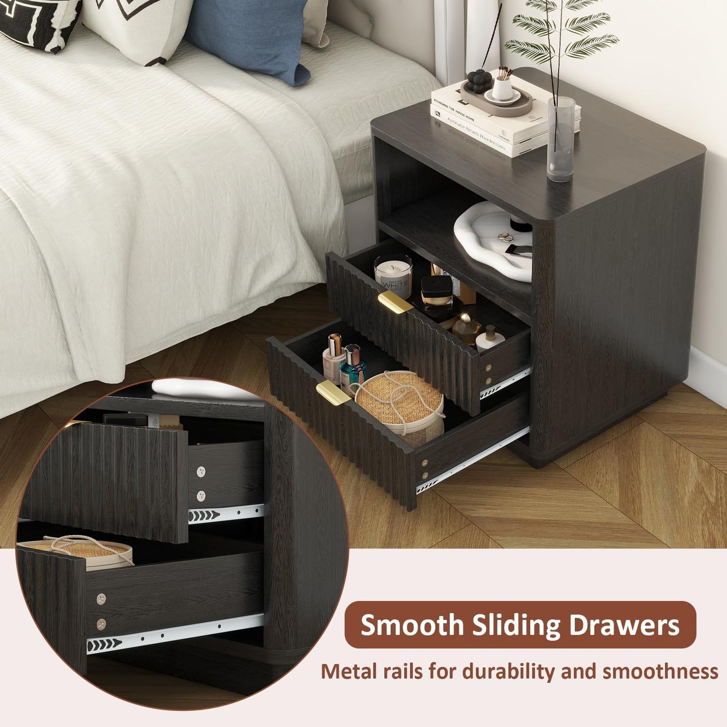 Fluted Nightstands Set of 2, Black Night Stands with 2 Drawers and Open Shelves, Wooden Bedside Table Modern Design End Table for Bedroom Sofa Office (2, Black)