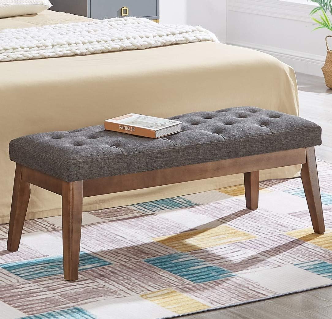 24KF Velvet Upholstered Buttons Tufted Entryway Bench with Solid Wood Leg,Bed Bench Ottoman with Padded Seat,5034-Taupe