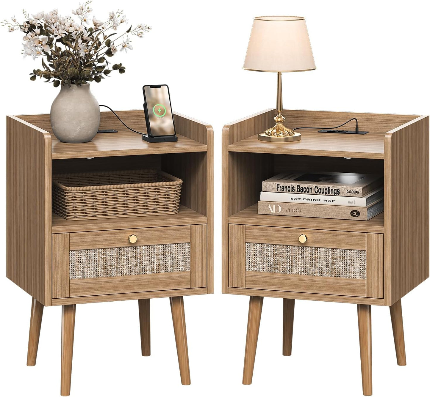 Rattan Nightstand with Charging Station, Mid Century Modern Bed Side Table, Boho End Table with Wood Legs, Bedside Tables for Farmhouse Bedroom Living Room Dorm Sofa Couch Office Corner (2, Natural)
