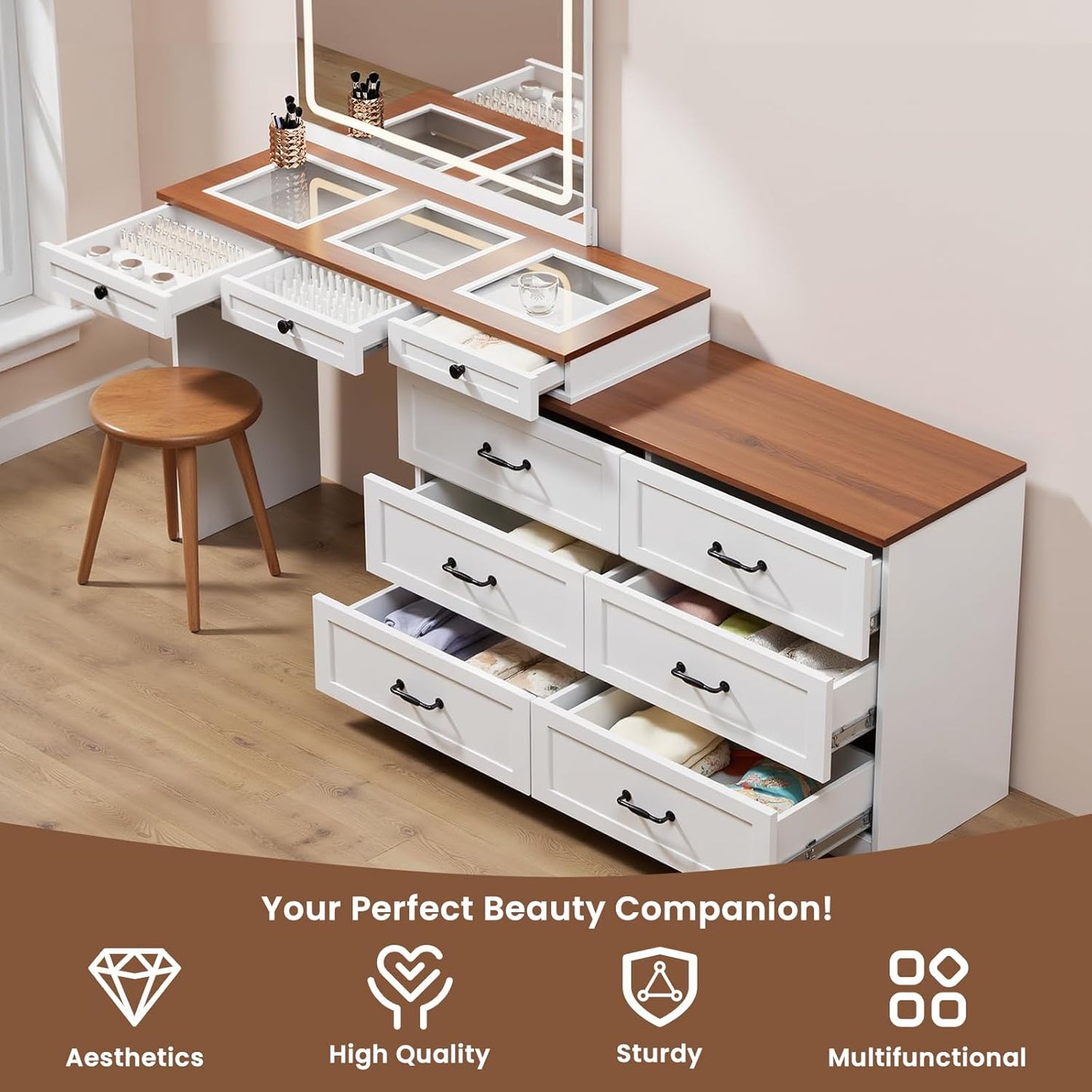 Vanity Desk with Mirror and Lights, Vanity Dresser Combo, Farmhouse Makeup Vanity with 9 Drawers, Glass Top Corner Vanity Dressing Table, Extendable Big Dressing Table Set for Bedroom, White