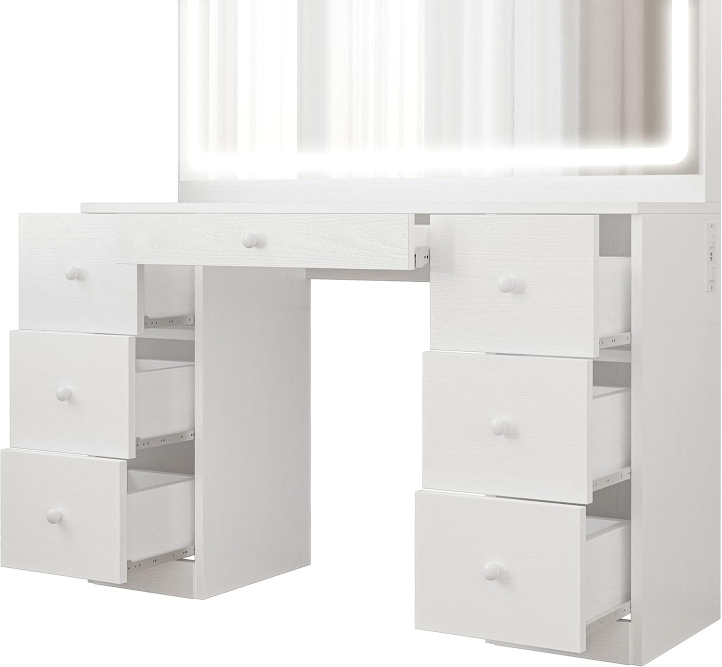 IRONCK Vanity Desk with LED Lighted Mirror & Power Outlet, 7 Drawers Makeup Vanities Table with Stool, Dressing Table for Bedroom, White