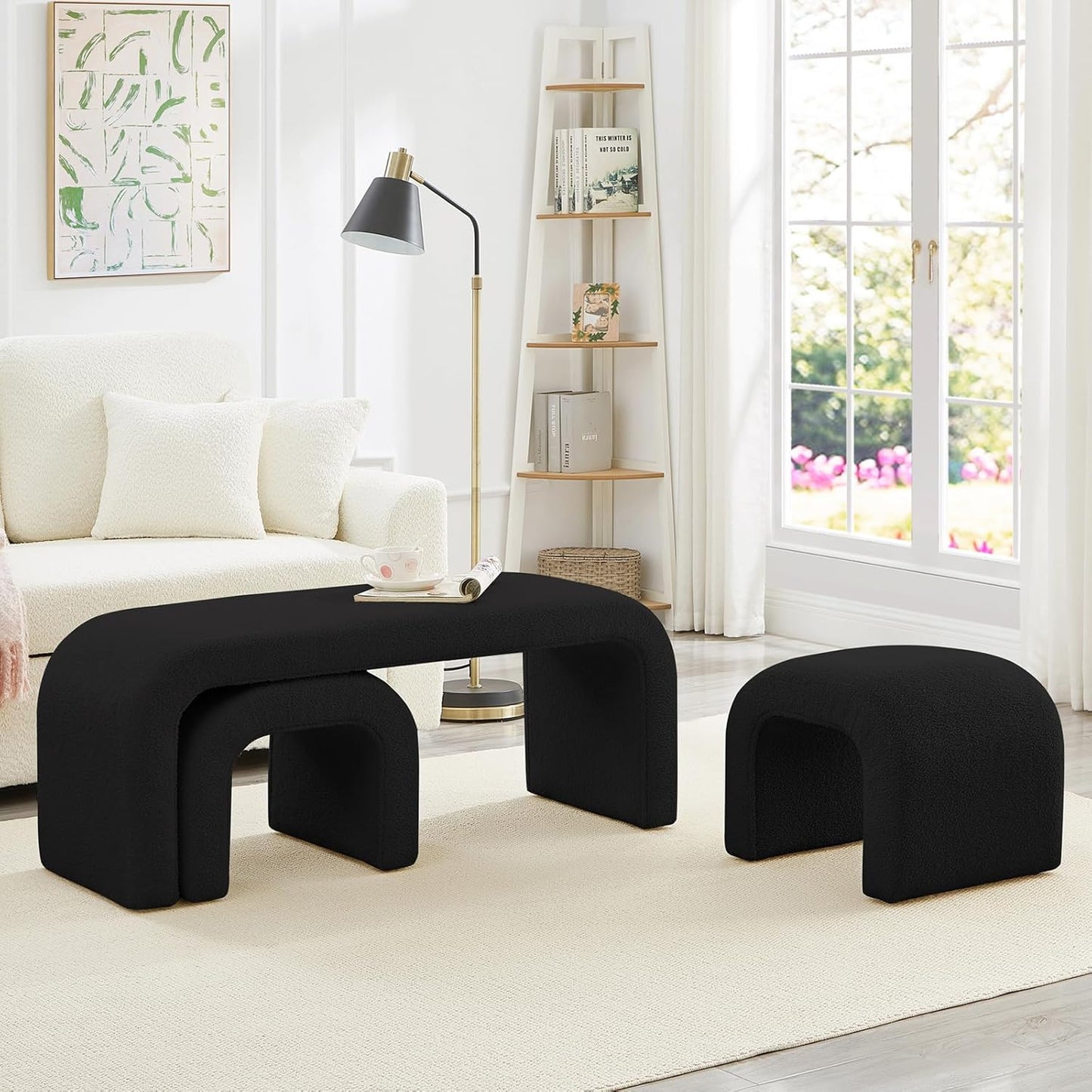 3-Piece Modern Ottoman Bench Set, 44" Wide Teddy Upholstered End of Bed Bench with 2 Foot Stools, Padded U-Shaped Entry Bench Vanity Stool for Living Room Bedroom (Dark Green)