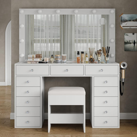 13 Drawers Vanity Desk, 47''W Makeup Vanity with Power Outlet, Vanity Table with Mirror and 12 LED Bulbs, 3 Color Lighting Modes, Glass Top, Dressing Table for Bedroom (White)