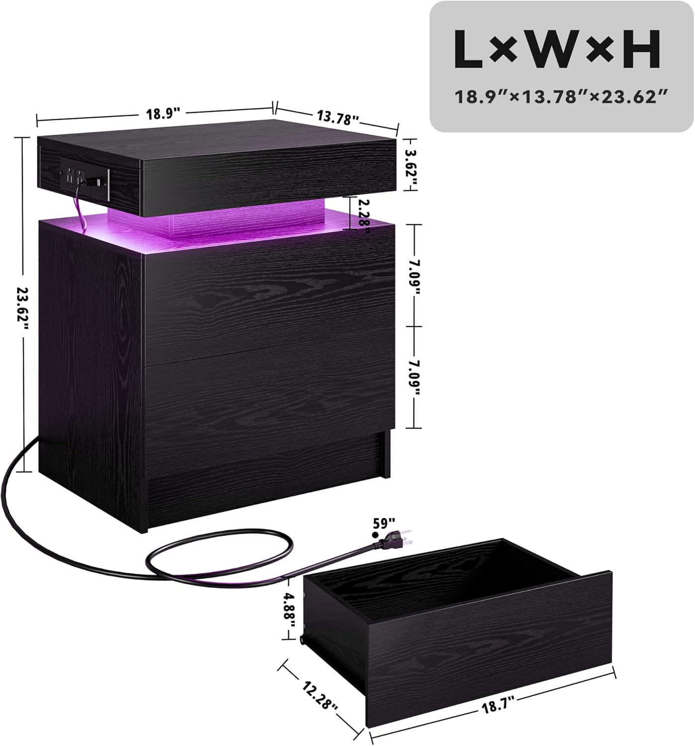 LIKIMIO Night Stand Set of 2, Modern Black Nightstand with with Charging Station, Bedside Tables with LED Light and Drawers, End Table for Bedroom, Livingroom