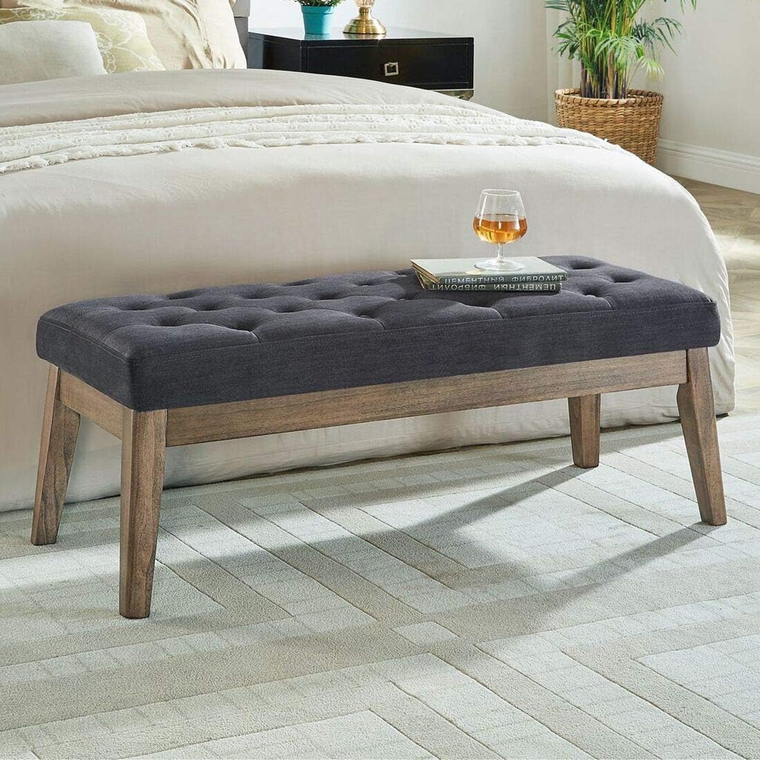 24KF Velvet Upholstered Buttons Tufted Entryway Bench with Solid Wood Leg,Bed Bench Ottoman with Padded Seat,5034-Taupe