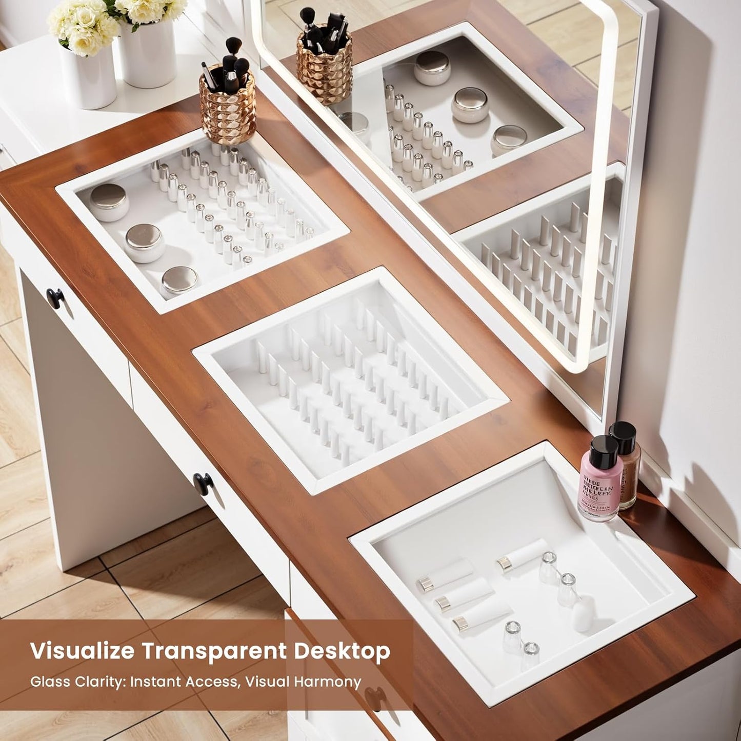 Vanity Desk with Mirror and Lights, Vanity Dresser Combo, Farmhouse Makeup Vanity with 9 Drawers, Glass Top Corner Vanity Dressing Table, Extendable Big Dressing Table Set for Bedroom, White