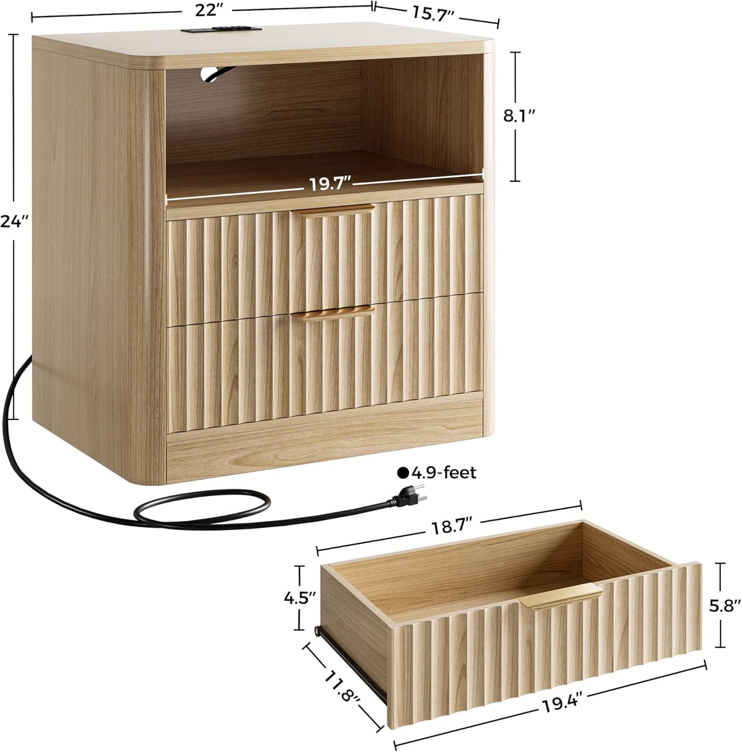 IRONCK Fluted Night Stand Set of 2, Modern Nightstand with Charging Station, Drawers and Open Shelves - Bedside Table Wood Side Table Set for Bedroom